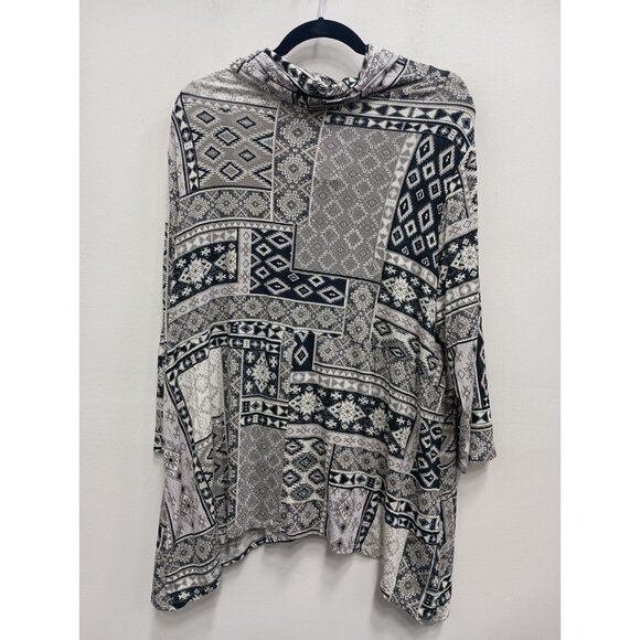 Ruby Rd Womens BOHO Tunic Top Size 1X Gray Aztec Sharkbite Cowl Neck 3/4 Sleeve - Picture 5 of 6